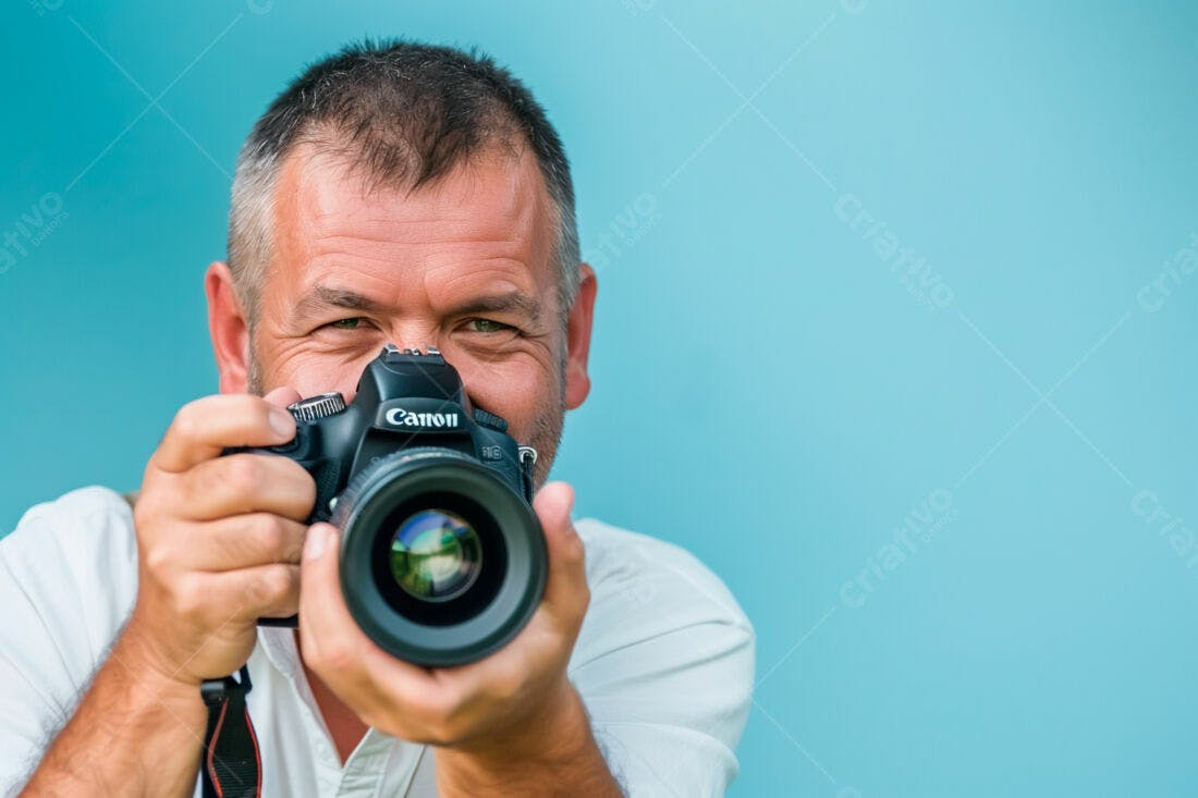 Fotógrafo com câmera Canon fundo azul