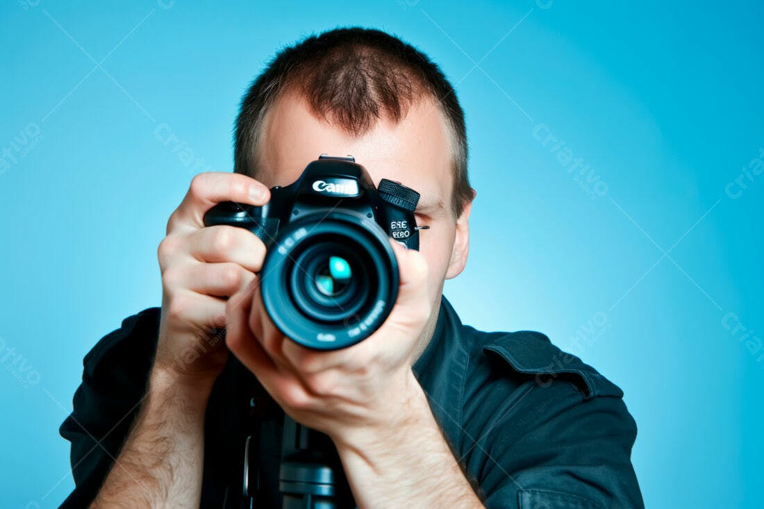 Fotógrafo com câmera Canon fundo azul