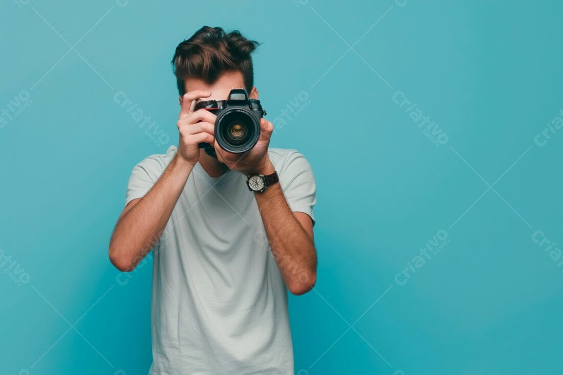Fotógrafo com câmera DSLR fundo azul
