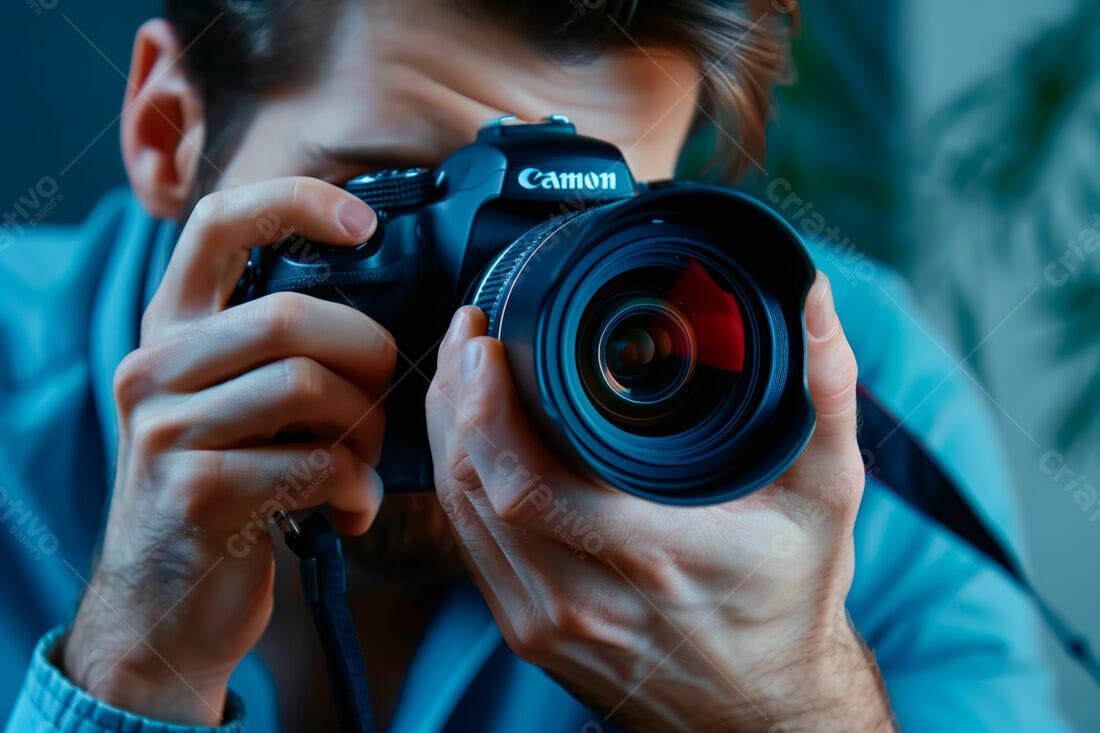 Fotógrafo com câmera Canon em estúdio