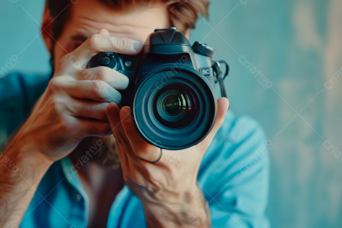 Fotógrafo com câmera DSLR azul