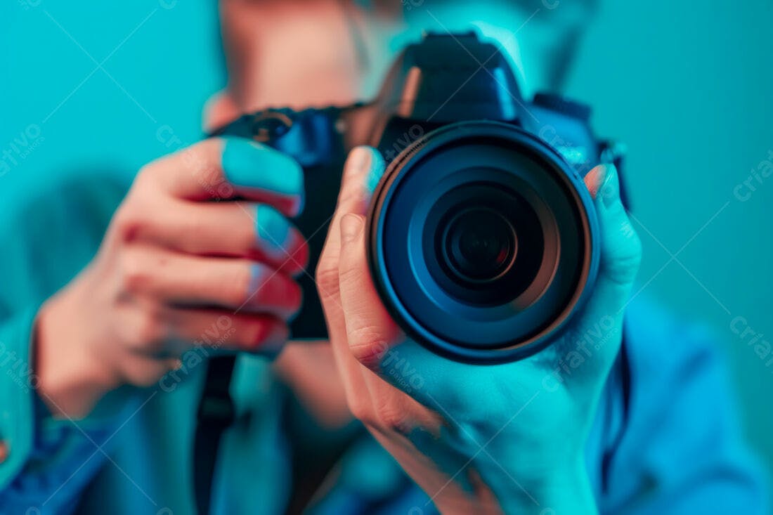 Fotógrafo segurando câmera DSLR em estúdio