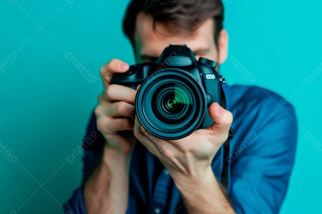 Fotógrafo com câmera DSLR fundo azul