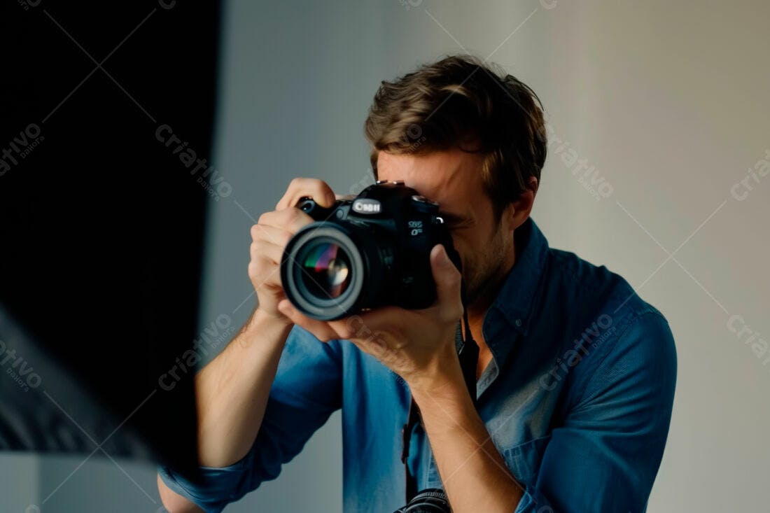 Fotógrafo usando câmera DSLR em estúdio