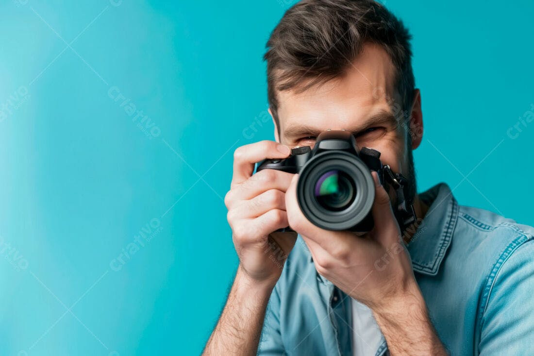 Fotógrafo segurando câmera fundo azul