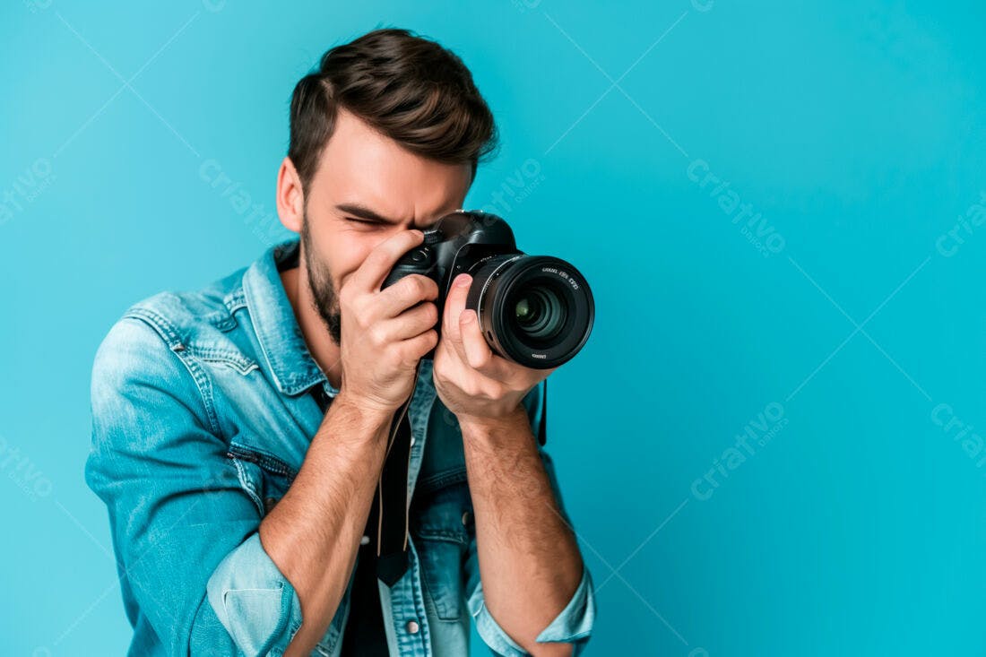 Fotógrafo usando câmera DSLR fundo azul