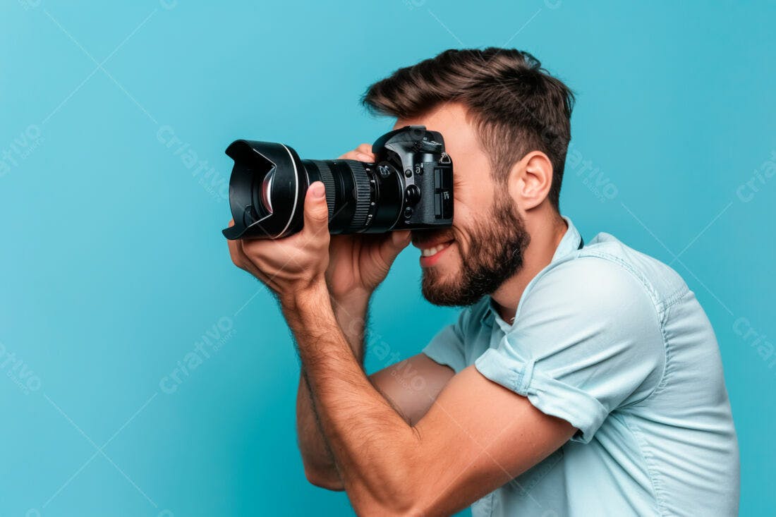 Fotógrafo com câmera DSLR fundo azul