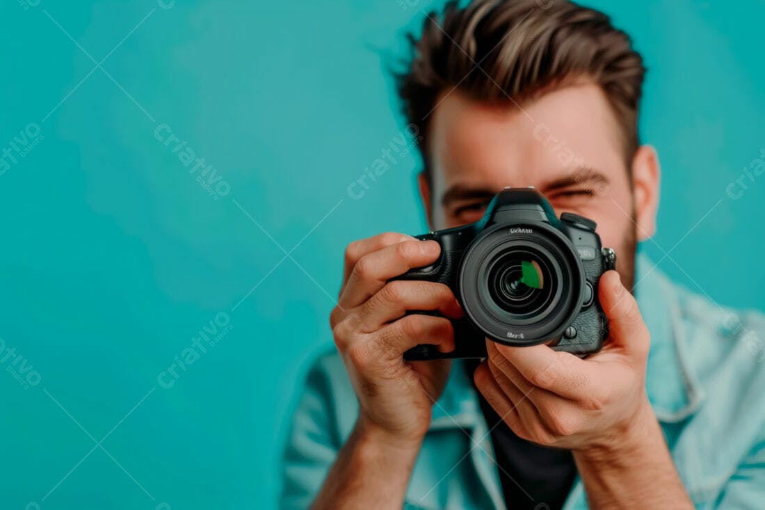 Fotógrafo com câmera DSLR fundo azul