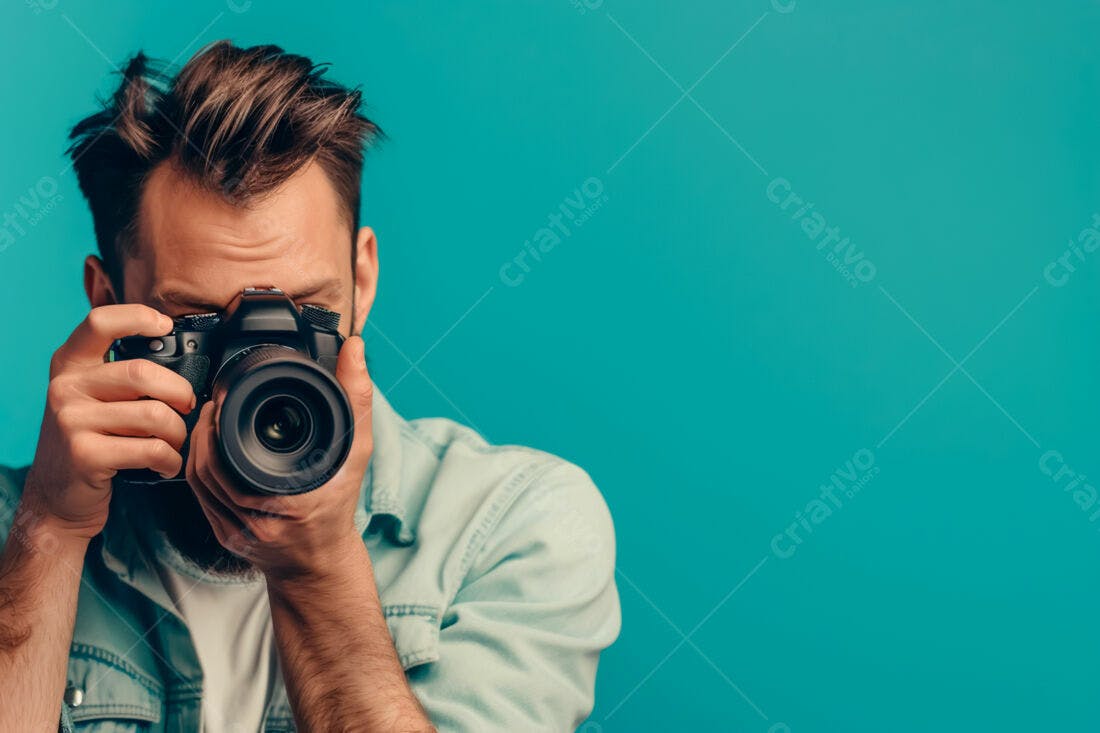 Fotógrafo com câmera DSLR fundo azul