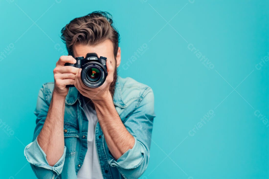 Fotógrafo com câmera DSLR fundo azul