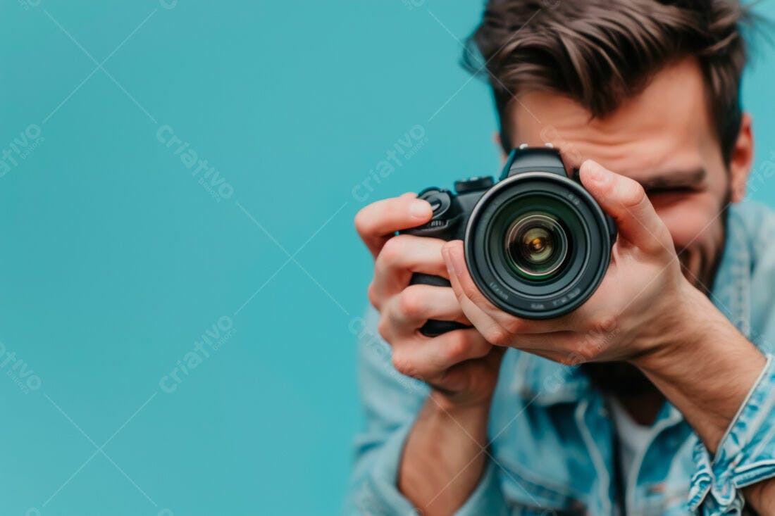 Fotógrafo segurando câmera DSLR fundo azul