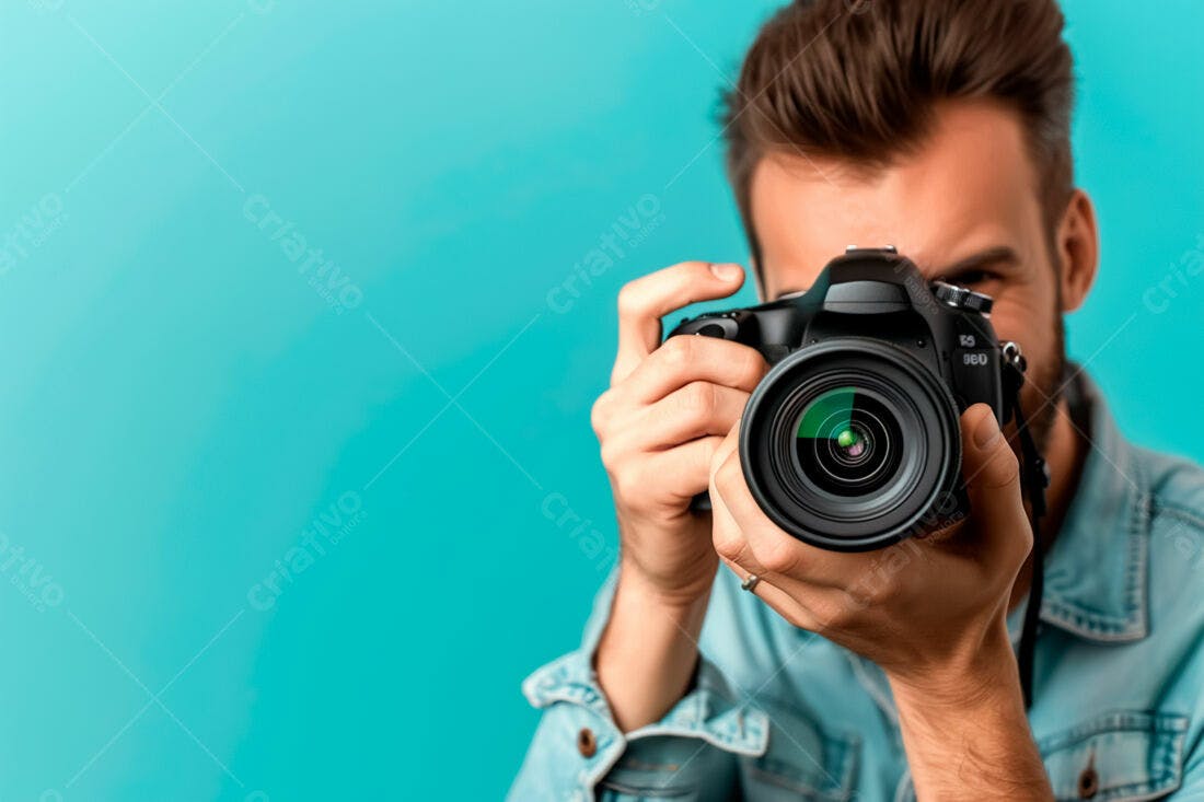 Fotógrafo com câmera DSLR fundo azul