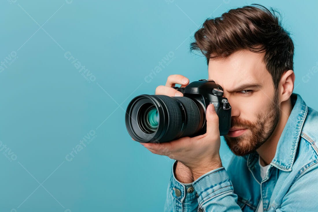 Fotógrafo com câmera DSLR fundo azul