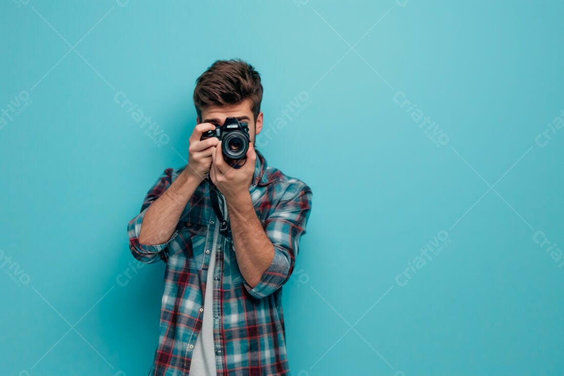 Fotógrafo com câmera DSLR fundo azul