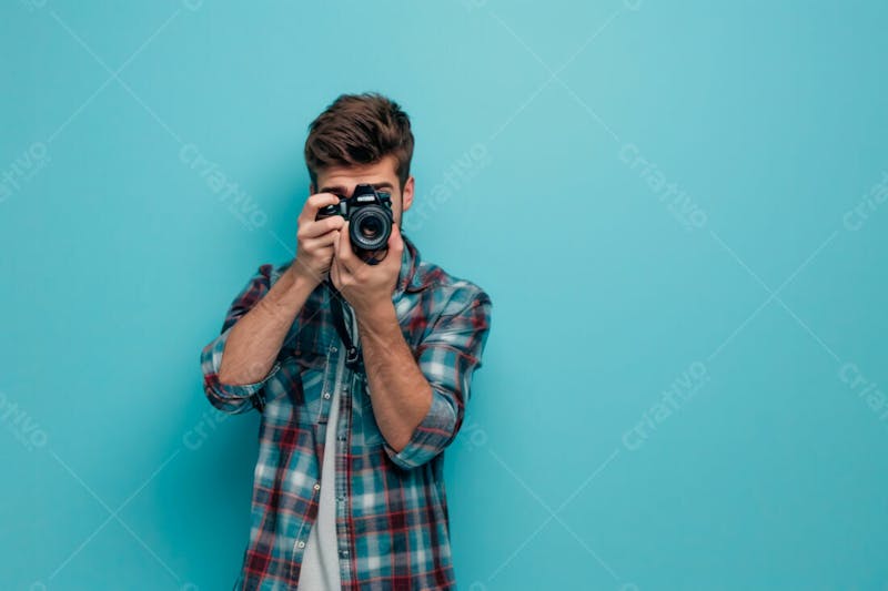 Imagem de um fotógrafo segurando sua camera fotografica 35