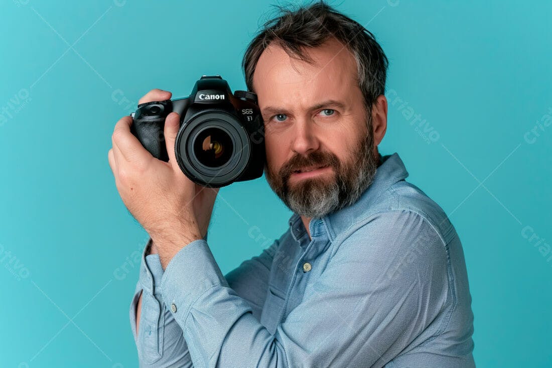 Fotógrafo com câmera Canon fundo azul