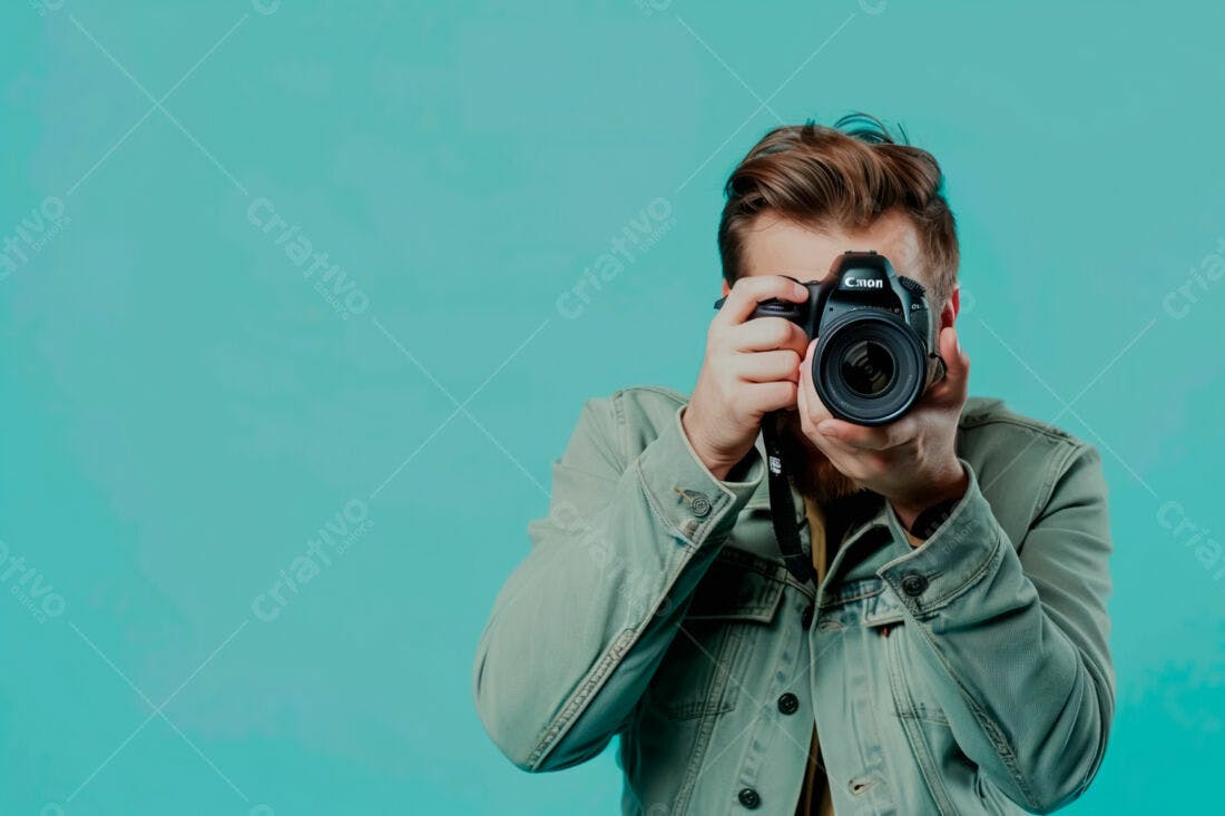 Fotógrafo com câmera Canon fundo azul