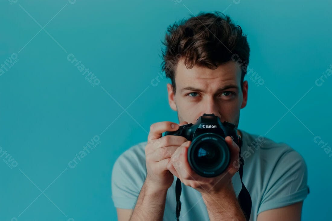 Fotógrafo com câmera Canon fundo azul