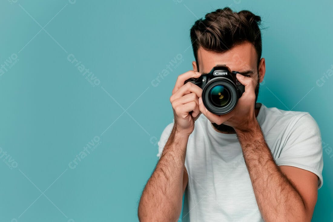 Fotógrafo com câmera Canon fundo azul