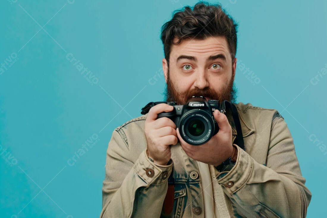 Homem barbudo segurando câmera Canon fundo azul