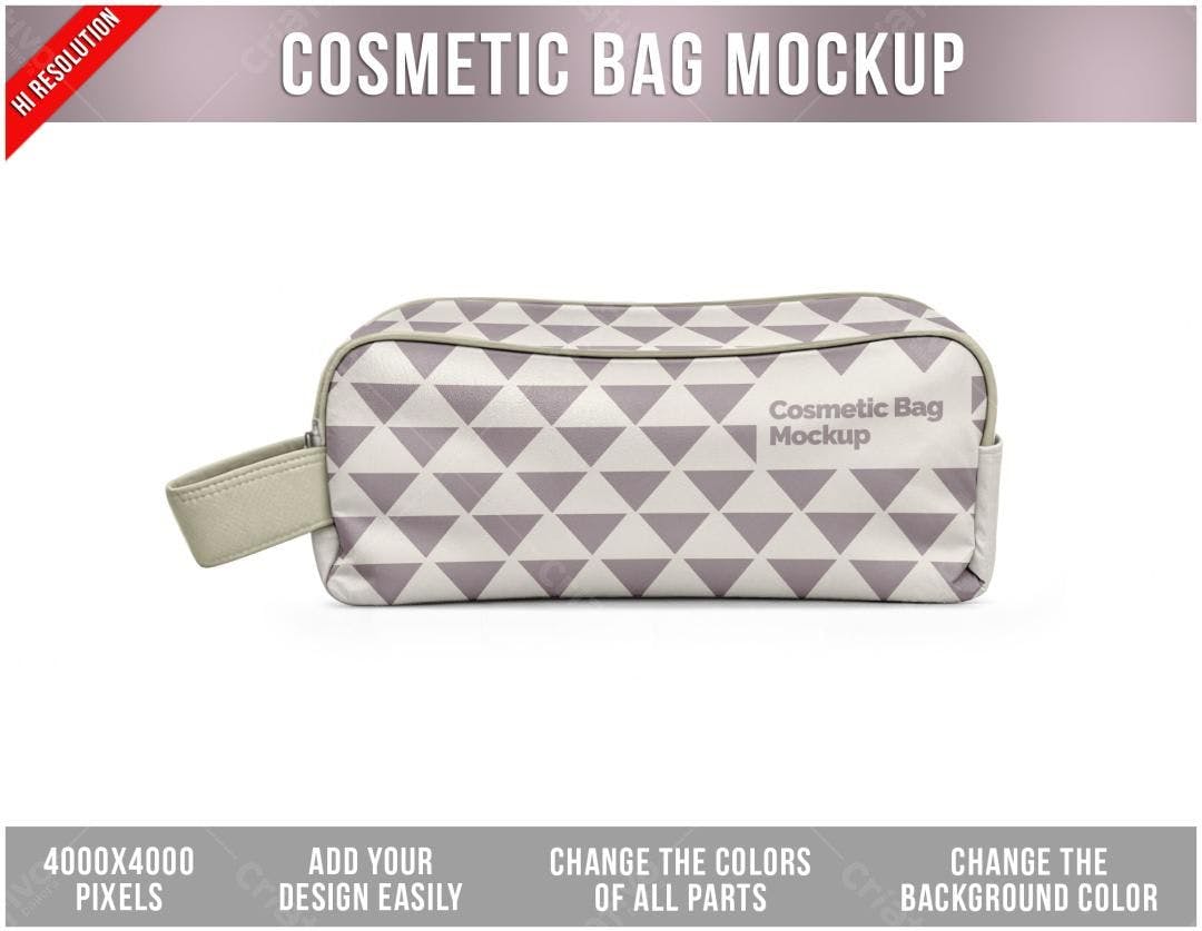 Mockup Bolsa de Maquiagem: Bege e Rosa com Padrão Geométrico