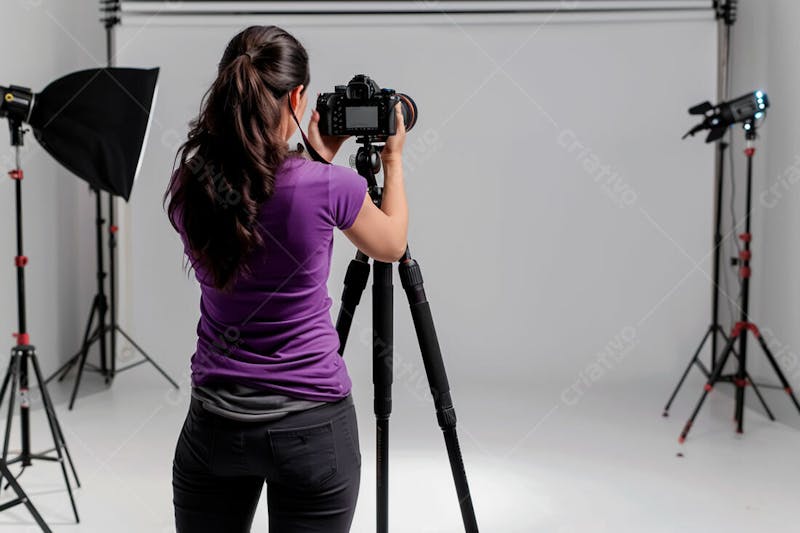 Fotógrafa profissional tirando fotos em um estúdio 4