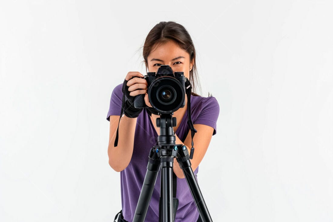Fotógrafa asiática com câmera profissional