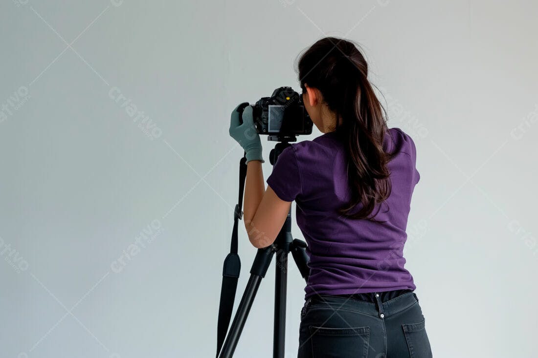Fotógrafa usando câmera em tripé