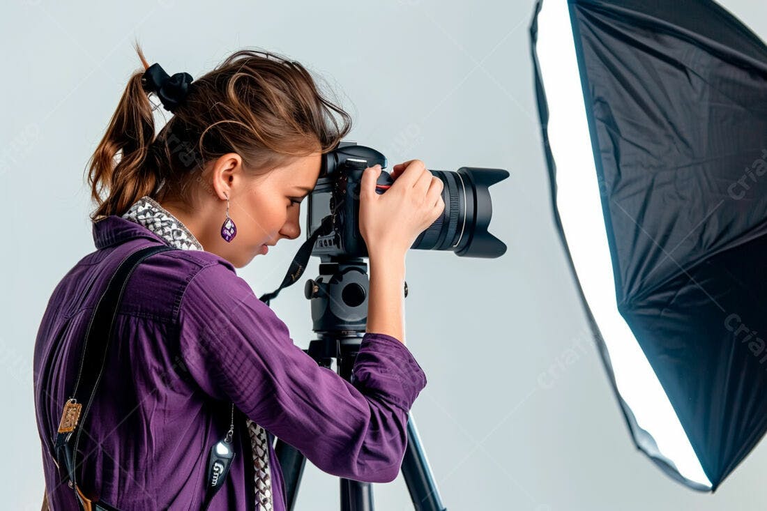 Fotógrafa usando câmera profissional em estúdio