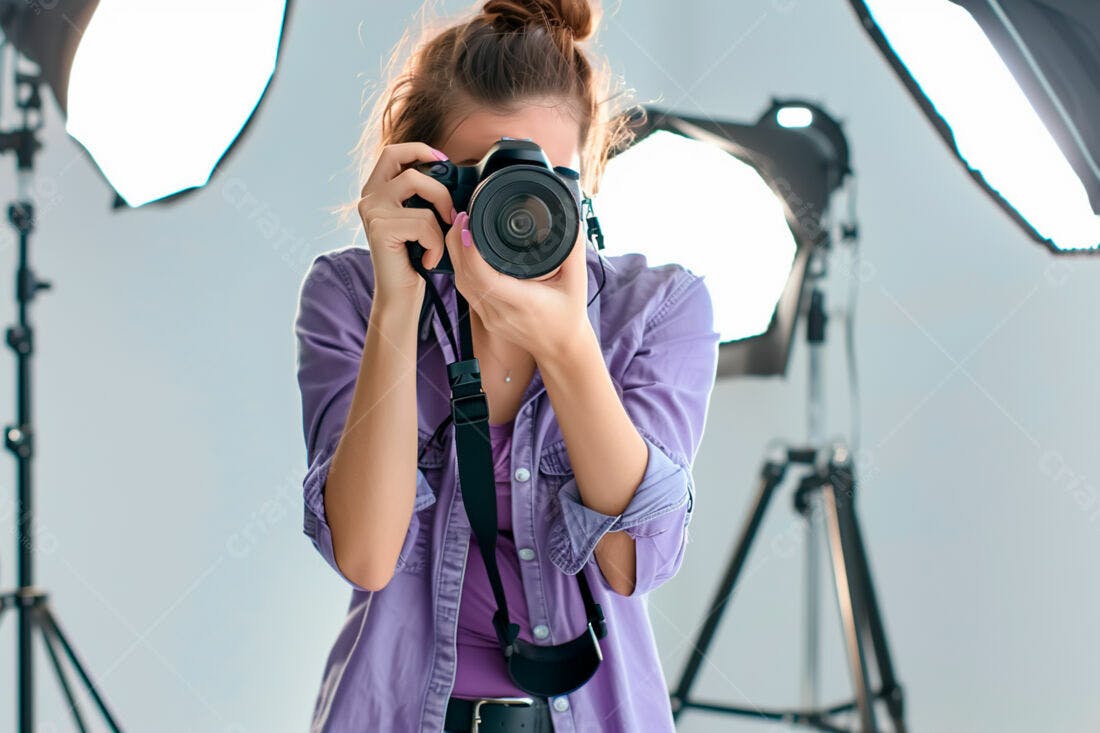 Fotógrafa com câmera DSLR em estúdio