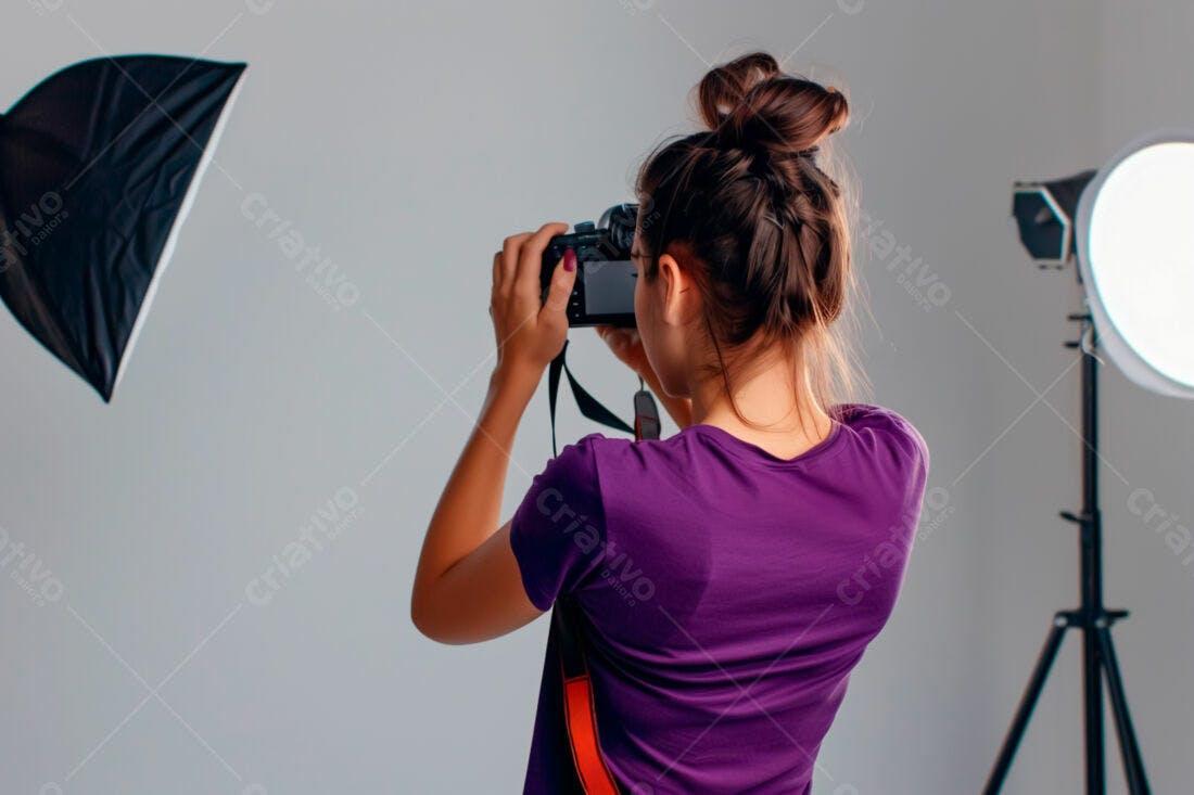 Fotógrafa usando câmera em estúdio