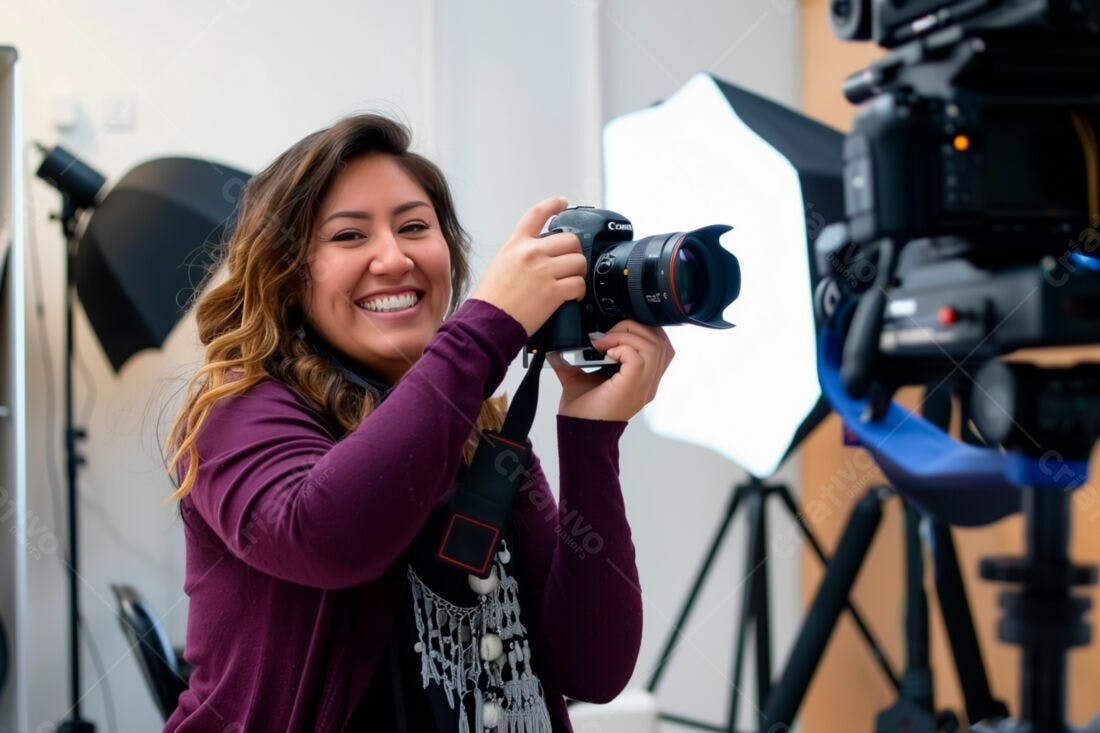 Fotógrafa Latina sorrindo com câmera Canon