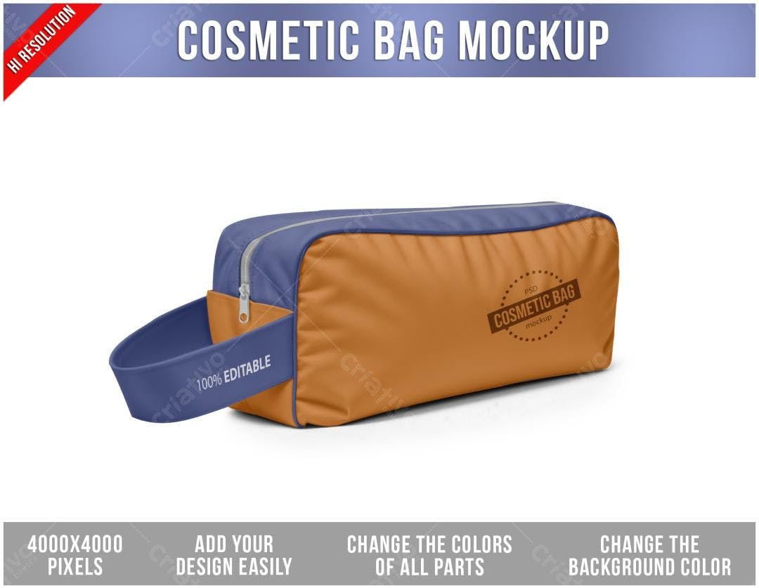 Mockup Bolsa de Maquiagem: Realista, Marrom e Azul