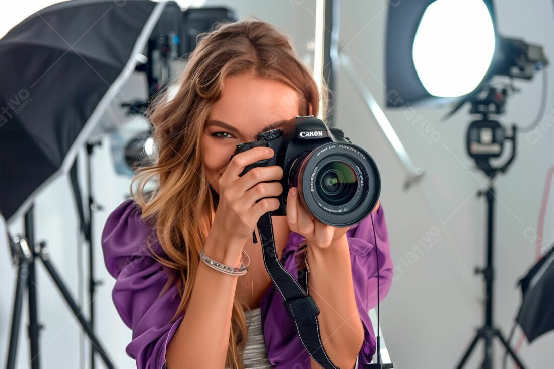 Fotógrafa sorrindo com câmera Canon em estúdio