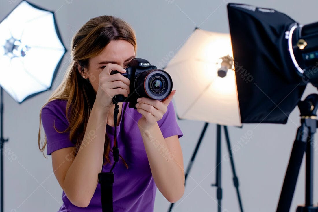 Fotógrafa usando câmera Canon em estúdio