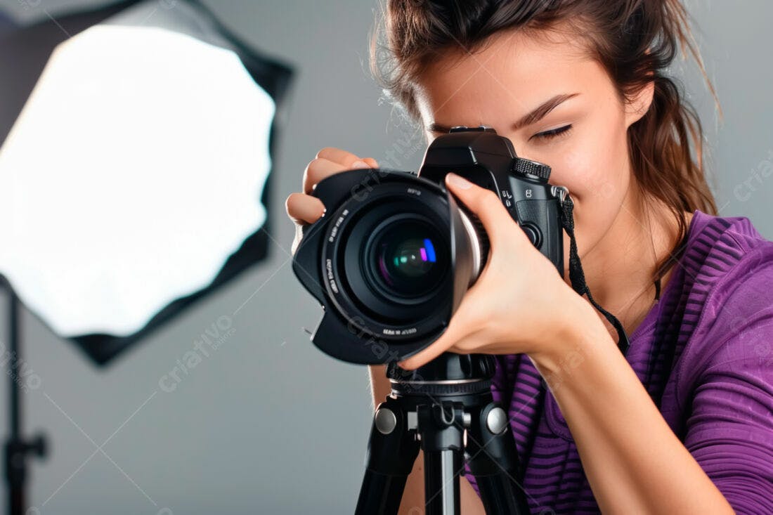 Fotógrafa usando câmera profissional em estúdio