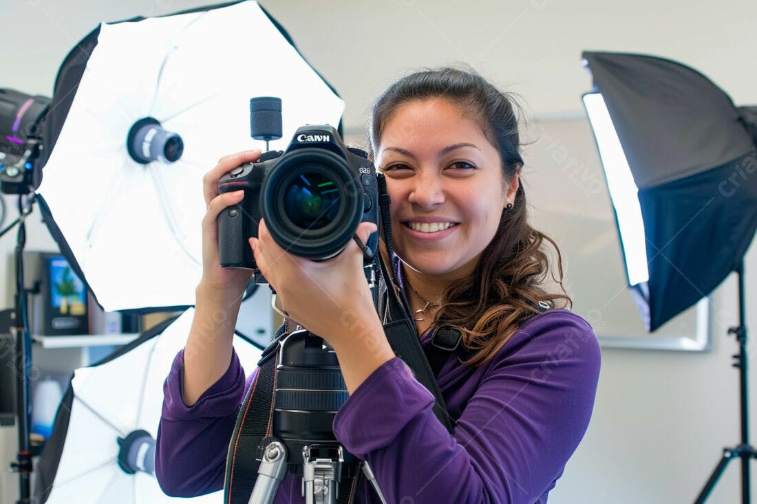 Fotógrafa Latina sorrindo com câmera Canon