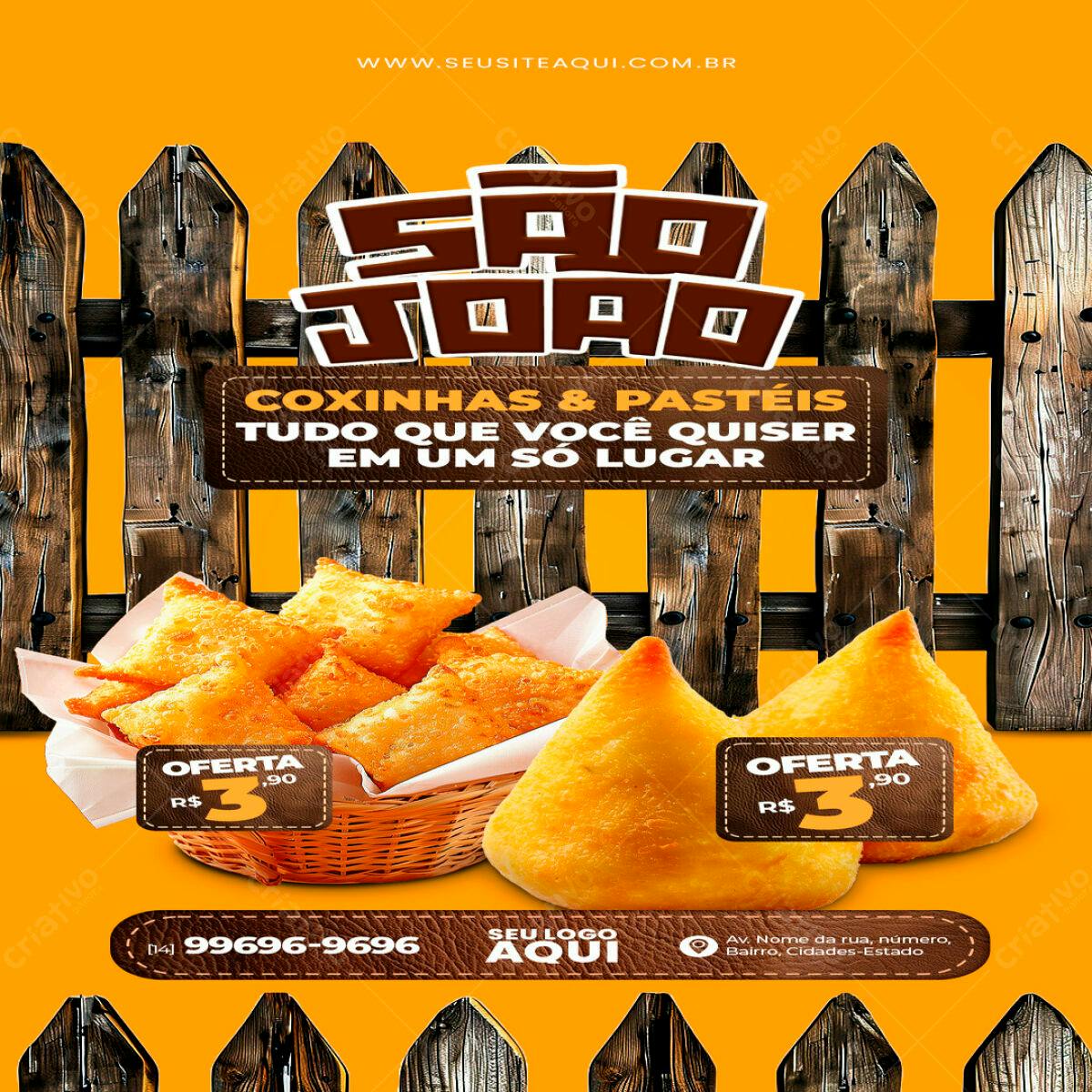 Flyer Festa Junina Coxinhas e Pastéis PSD Editável