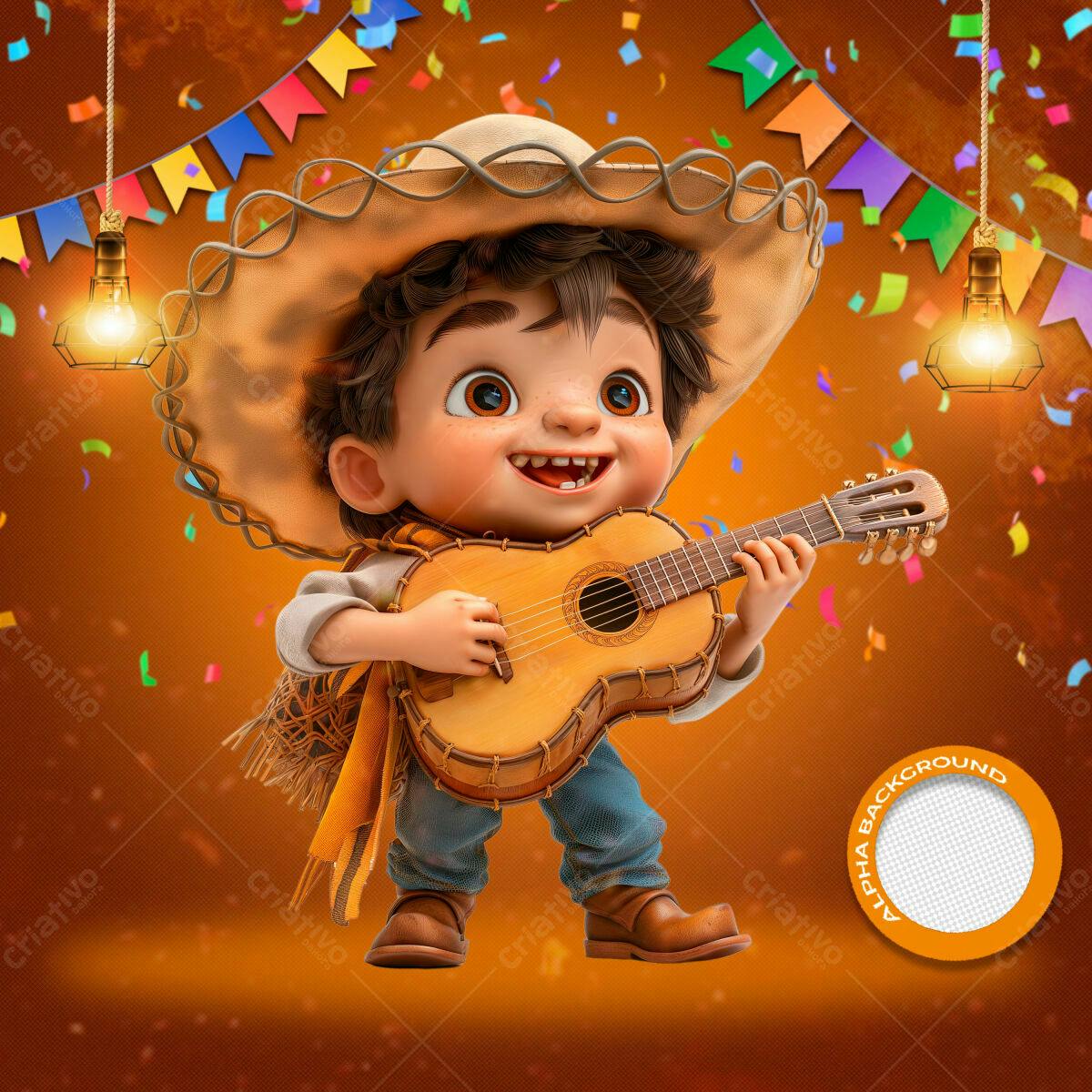 PSD Festa Junina Infantil com Menino tocando Violão