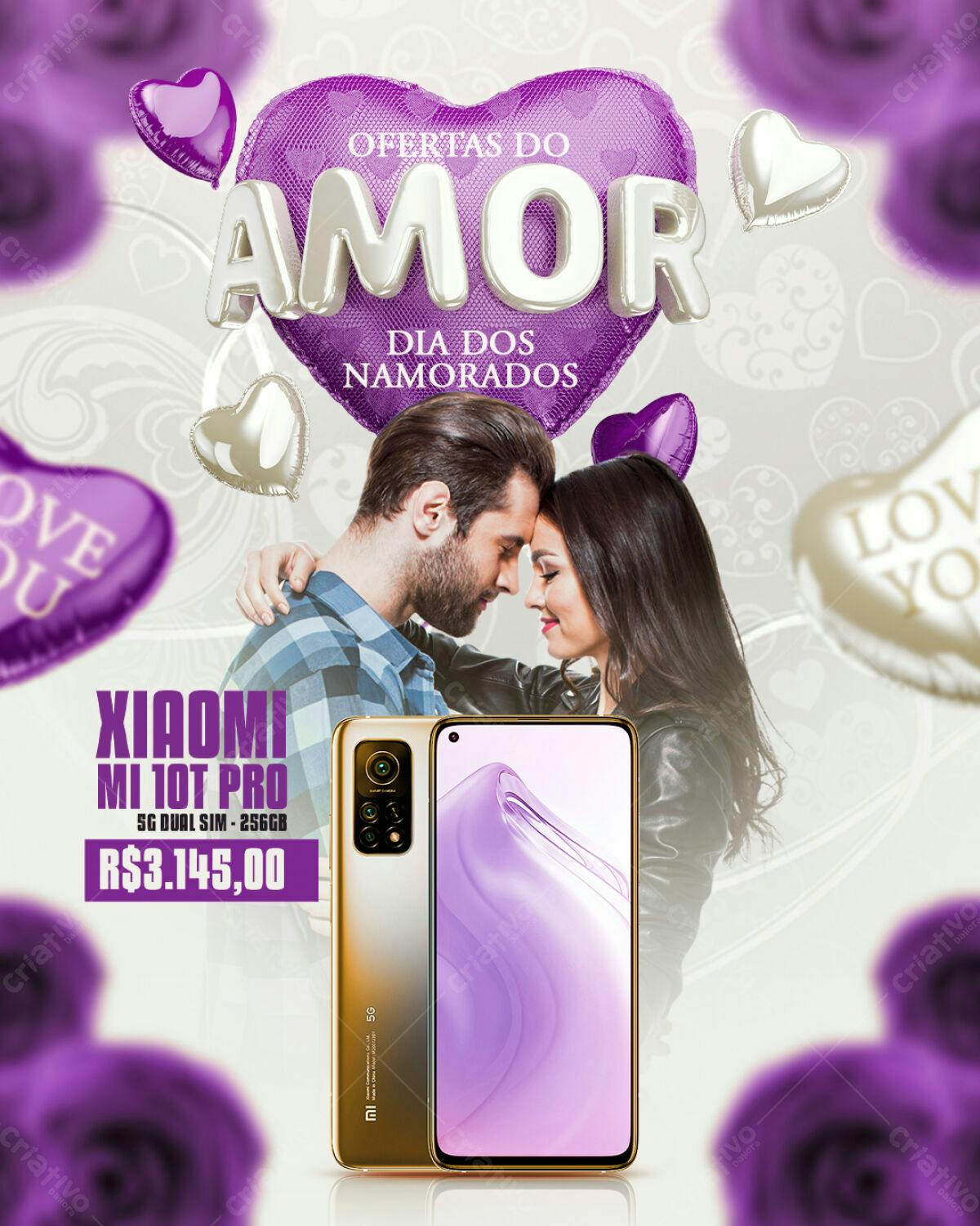Flyer Dia dos Namorados com Balões e Celular Xiaomi PSD Editável
