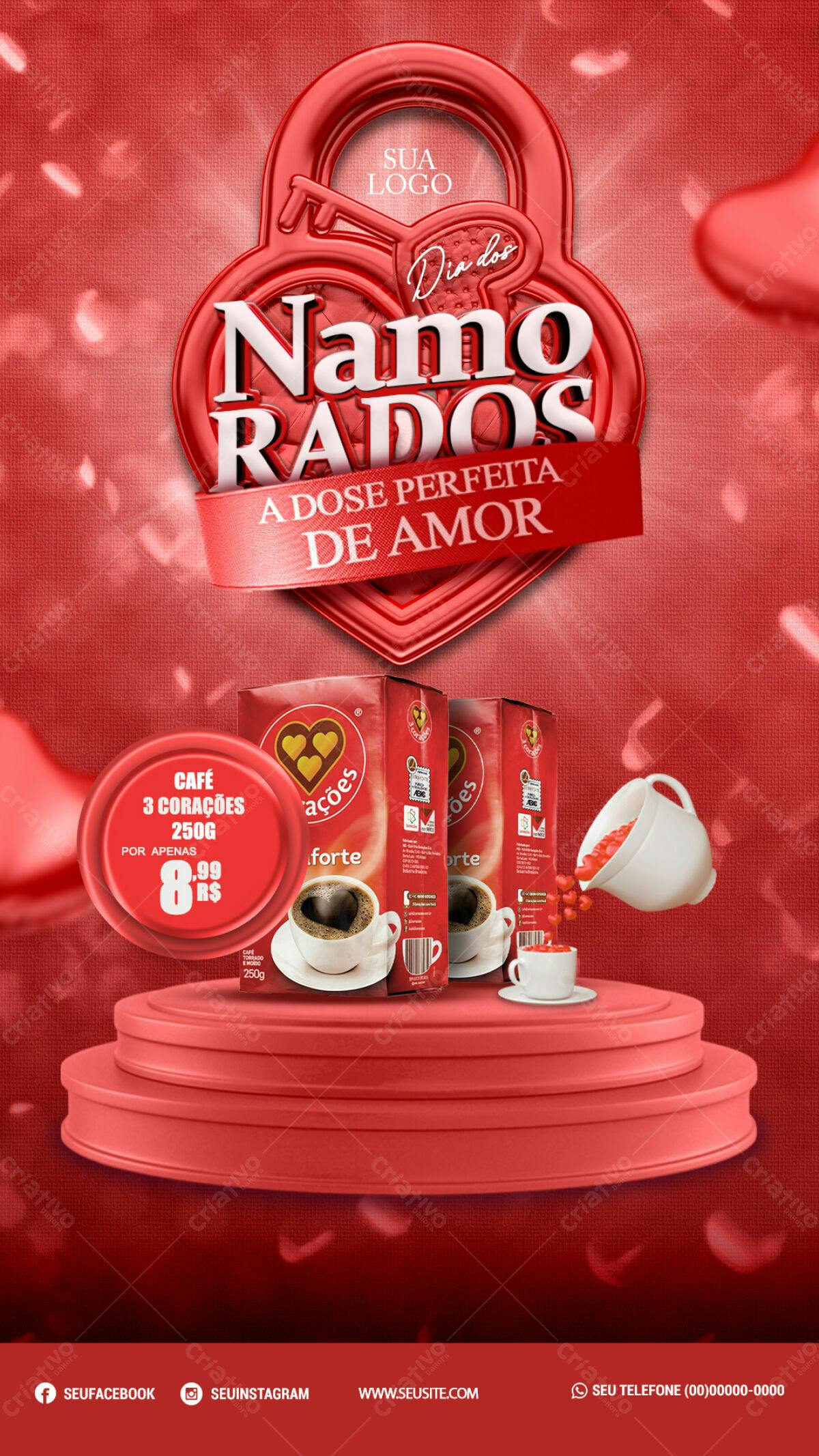 Flyer Dia dos Namorados Café 3 Corações PSD Editável