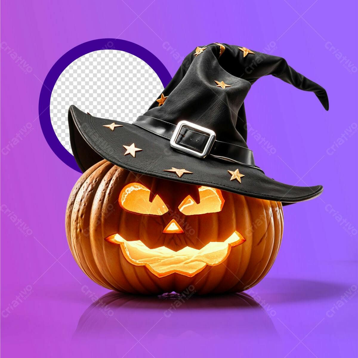 PSD Abóbora de Halloween com Chapéu de Bruxa Editável