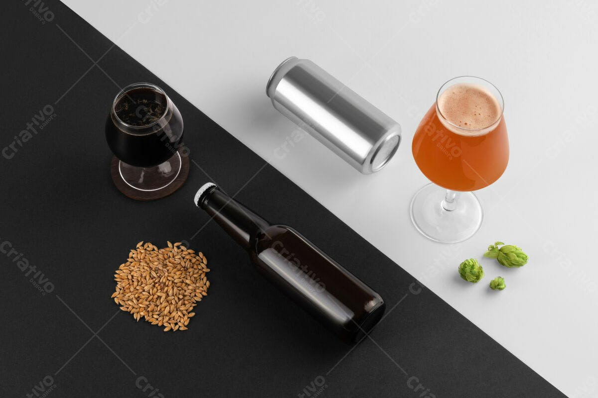 Mockup Cerveja Artesanal - Garrafa, Lata e Taças PSD Editável