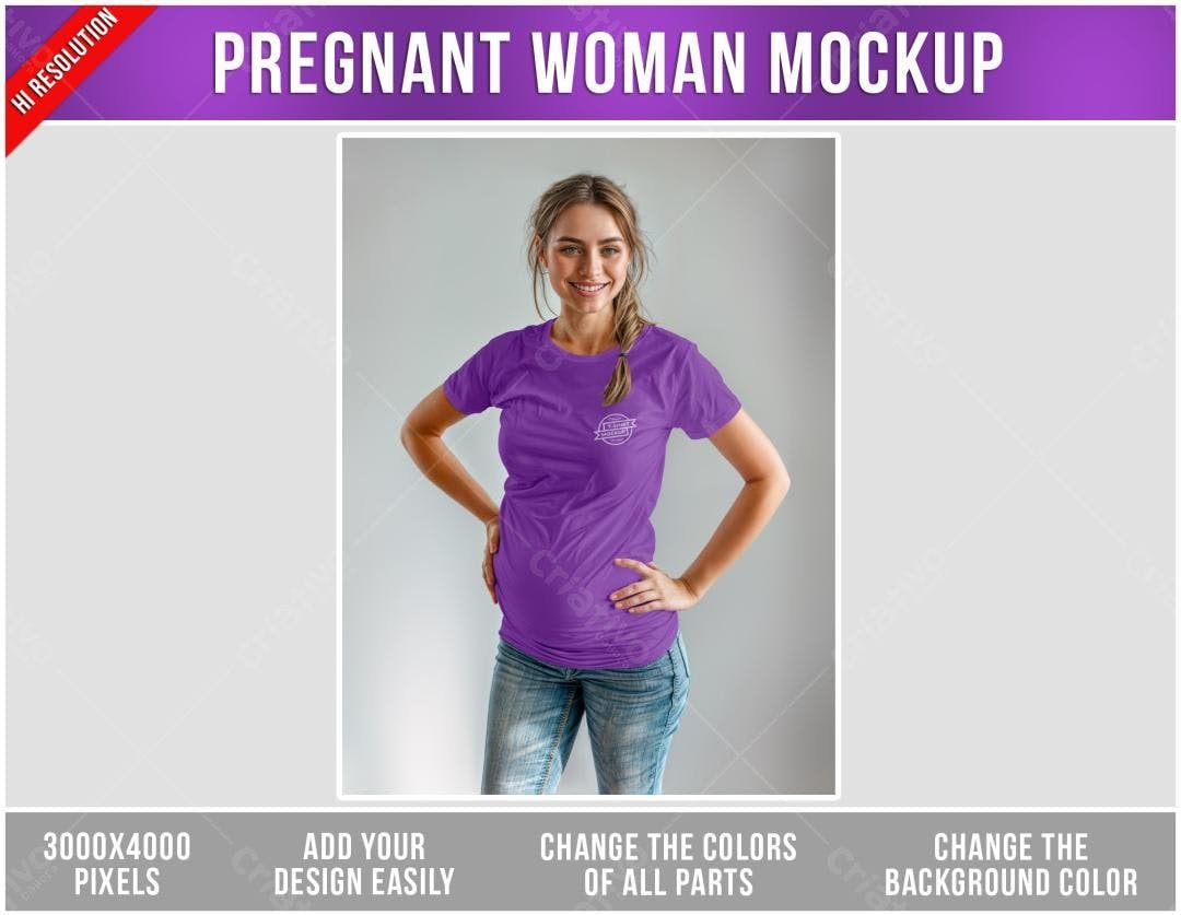 Mockup Camiseta Gestante Roxa: Modelo Realista
