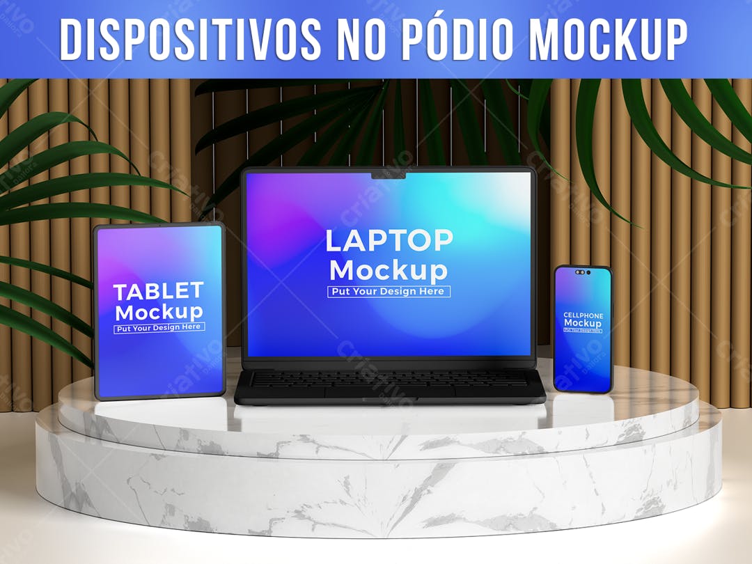Mockup Moderno: Notebook, Tablet e Celular em Pódio de Mármore