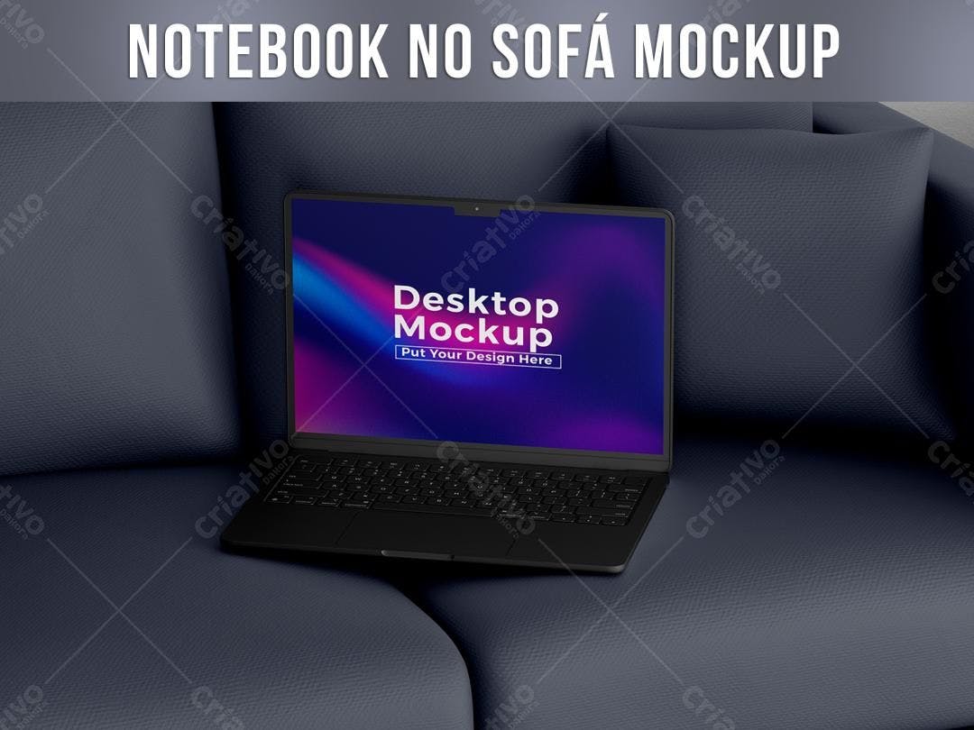 Mockup Notebook Preto Sofá Escuro - Design Moderno