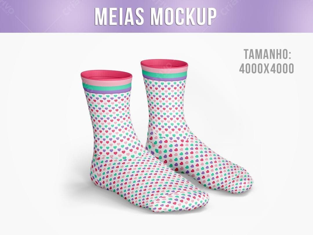Mockup Meias com Estampa de Corações: Rosa, Verde e Lilás