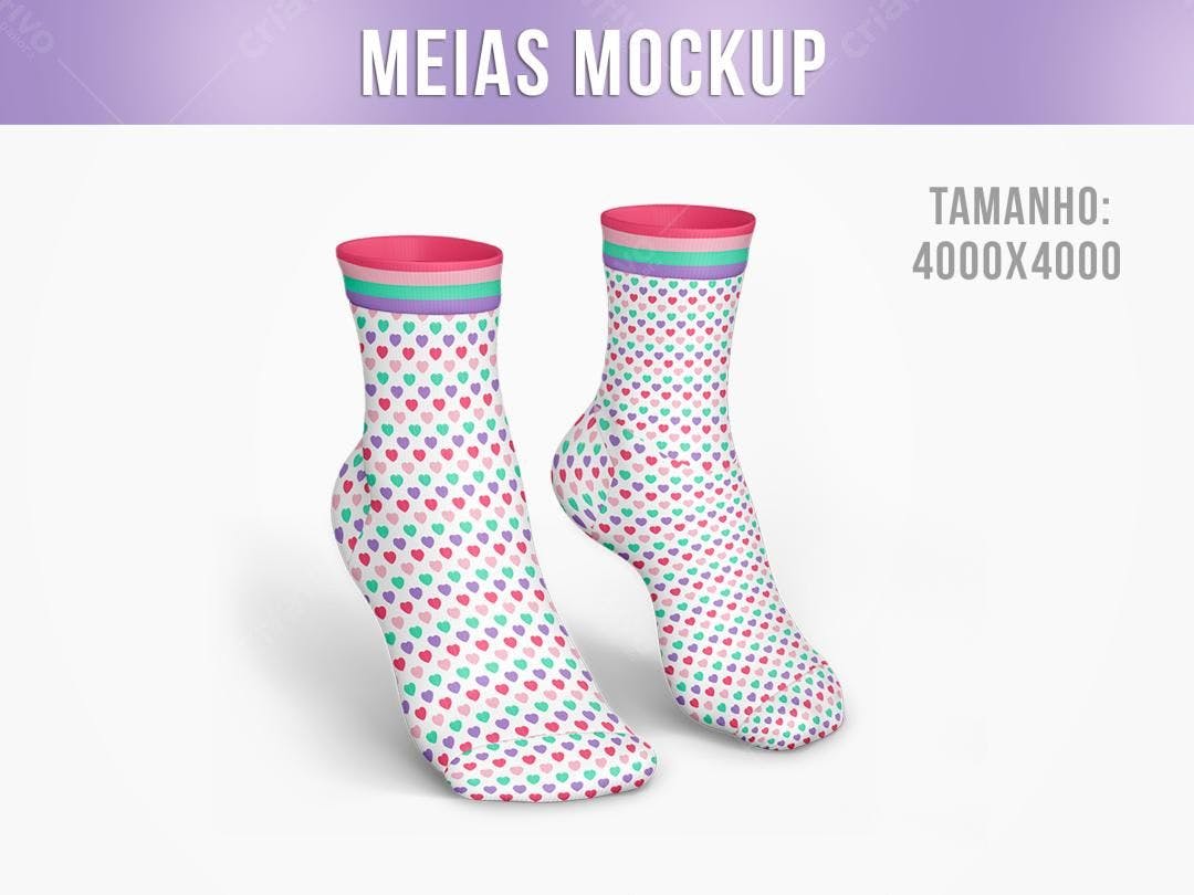 Mockup Meias com Estampa de Corações: Rosa, Verde e Lilás