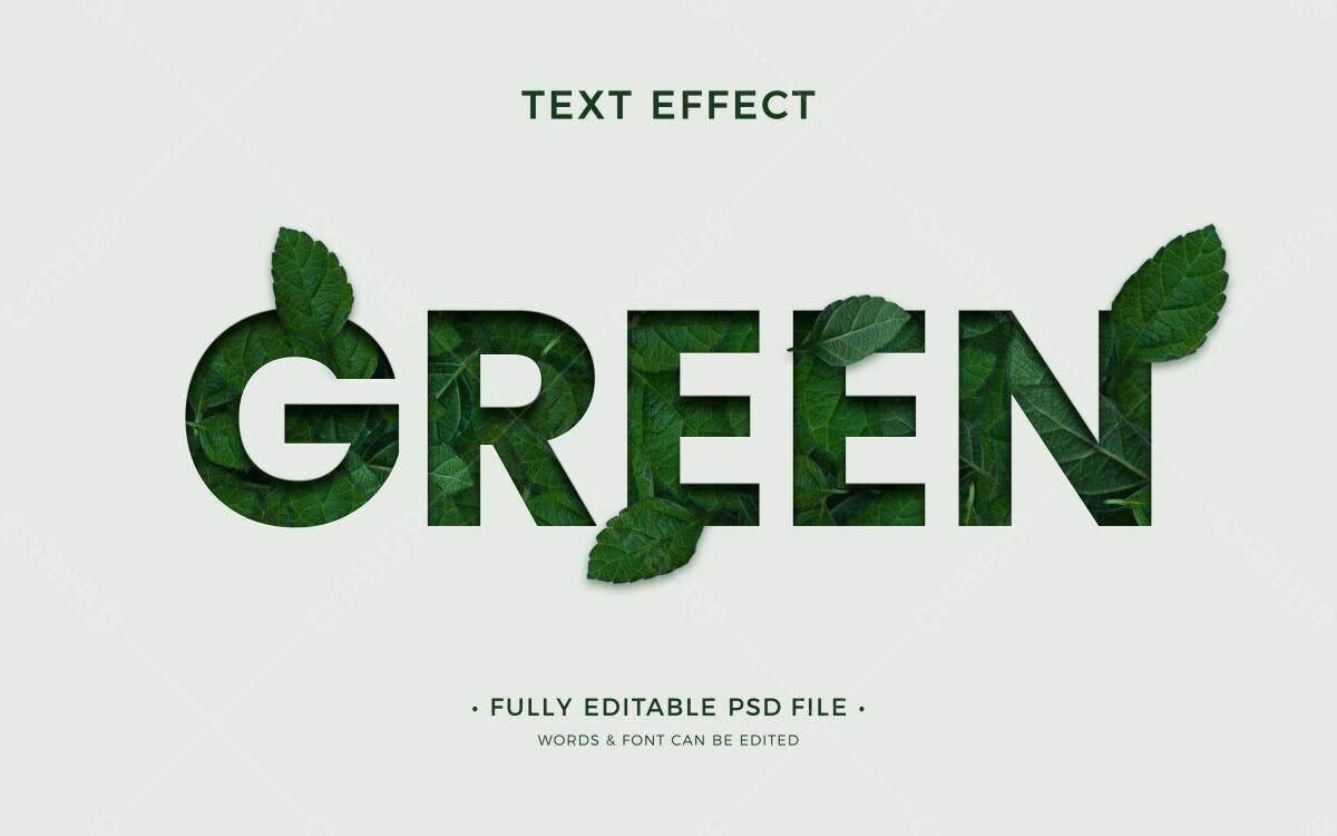 Efeito de Texto Verde com Folhas PSD Editável