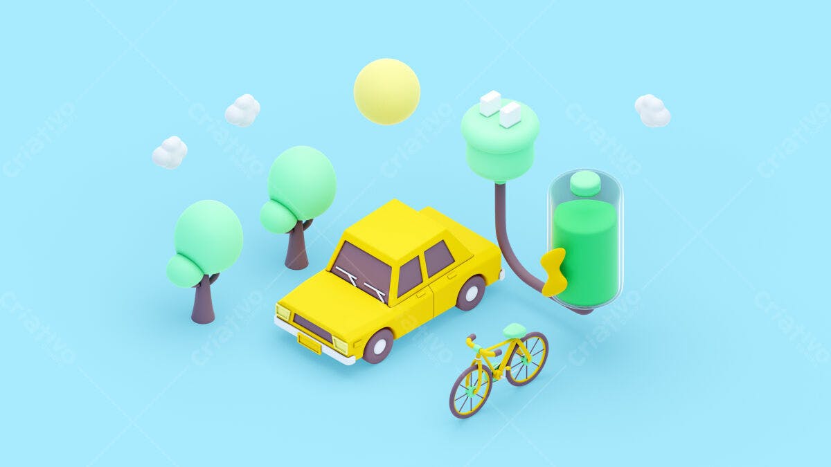 Ilustração Carro Elétrico Recarregando PSD Editável